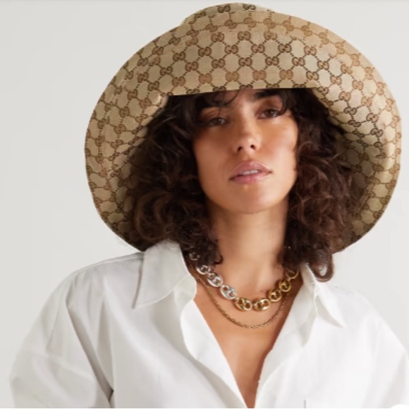 Gucci GG Monogram Bucket Hat Wide Large Brim Beige Canvas Jacquard Sun Coverage - Picture 6 of 16